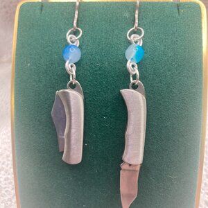 Handmade Witch B*tch Pocket Knife Earrings with Blue Cloudy Glass Bead